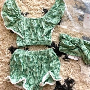 Kate Quinn Bamboo green Butterfly Sunsuit Headband  pom pom